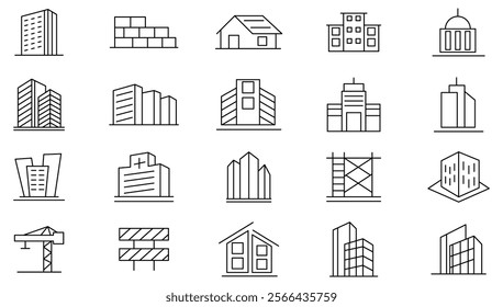 Build line icon set. containing house, office, bank, school, hotel, city, villa, hospital, shop, casino, real estate, church, sports stadium, medical hospital line icon set. Ui thin line icon pack. 