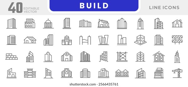 Build line icon set. containing house, office, bank, school, hotel, city, villa, hospital, shop, casino, real estate, church, sports stadium, medical hospital line icon set. Ui thin line icon pack. 