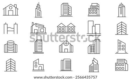 Build line icon set. containing house, office, bank, school, hotel, city, villa, hospital, shop, casino, real estate, church, sports stadium, medical hospital line icon set. Ui thin line icon pack. 