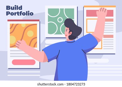 Build Or Making Portfolio Design Layout. Portfolio Management Vecor Illustration Flat Concept. Preparing Digital Portfolio Online. Website, Blog, Presentation, Banner, Info Graphic.