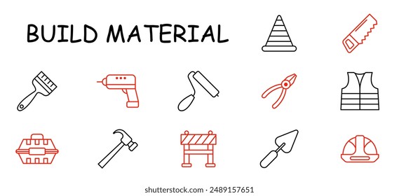 Build material set icon. Paintbrush, drill, roller, pliers, toolbox, hammer, barrier, trowel, safety vest, cone, construction tools.