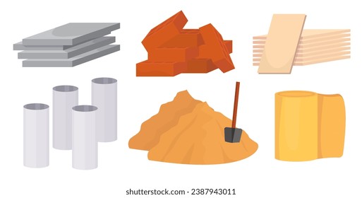 Baustoffsatz. Die Bauindustrie liefert minimalistische Isolierplatten für Dachziegel, Ziegel und Zement. Vektorcartoon-Blöcke für die Gebäudesammlung.