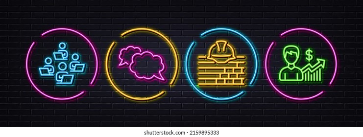 Iconos de línea mínimos de compilación, Messenger y Teamwork. Luces 3d láser neón. Iconos del crecimiento de las empresas. Para web, aplicación, impresión. Servicio de construcción, burbuja de voz, trabajo a distancia. Vector