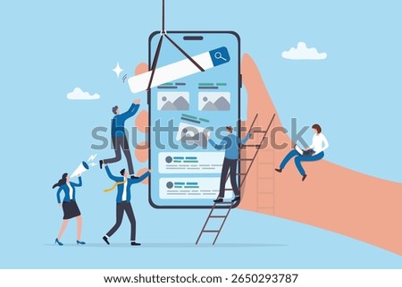 Build mobile app, webpage or user interface, UX, UI implementation, online website ideas, online marketing optimization concept, business people help building mobile application on smart phone.