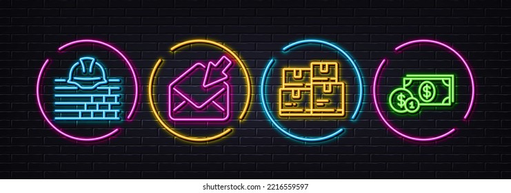 Build, Open mail and Wholesale inventory minimal line icons. Neon laser 3d lights. Dollar money icons. For web, application, printing. Construction service, View e-mail, Warehouse parcel. Vector