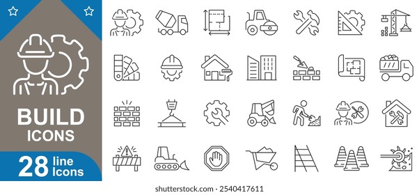 Criar conjunto de ícones de estrutura de tópicos. Casa, construção, configurações, capacete, chave inglesa, broca, guindaste, colete de segurança e muito mais.
