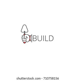 Build outline logo icon. Hand holding building trowel symbol. Vector Logotype applicable for construction, development, structure, master, architecture, builder classes