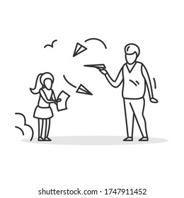 Build paper plane icon. Father and daughter throwing paper planes having fun together outdoors. Family summer outside activity concept. Parents and kids. Thin line vector illustration.Editable stroke
