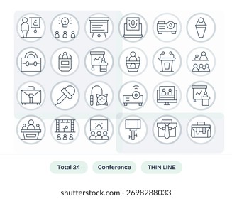 Build polished experiences with 24 Thin Line icons aligned to the Conference concept, ready for production use.