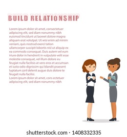 Build relationship landing page. Two girls discussing during meeting break for drink at work business time communication concept.
