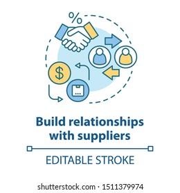 Build relationships with suppliers concept icon. Business agreement idea thin line illustration. Dropshipping management. Companies collaboration. Vector isolated outline drawing. Editable stroke