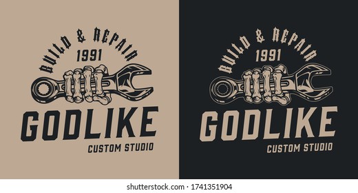 Build and repair motorcycle service emblem with skeleton hand holding wrench in vintage monochrome style isolated vector illustration