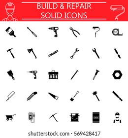 Build & Repair solid pictograms package, construction symbols collection, vector sketches, logo illustrations, Tools filled icon set isolated on white background, eps 10.