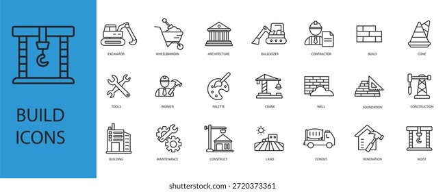 construir iconos de conjunto y contorno de estilo plano, fondo transparente.