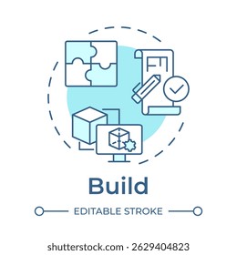 Build soft blue concept icon. Product development, services. Blueprints, planning. Round shape line illustration. Abstract idea. Graphic design. Easy to use in infographic, brochure