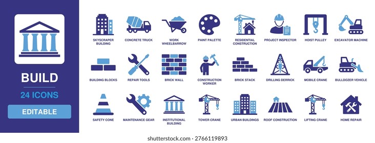 Build solid vector glyph icon set featuring skyscraper building, concrete truck, excavator machine, mobile crane, bulldozer vehicle, residential construction, and home repair tool symbols.