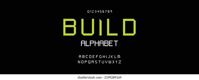 BUILD Sports minimal tech font letter set. Luxury vector typeface for company. Modern gaming fonts logo design.