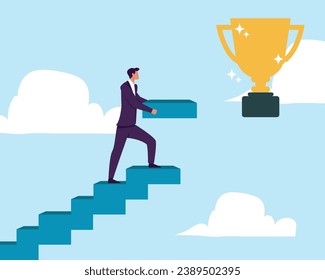 Build stair to reach target, career success or progress to achievement, business goal or future succeed, effort to grow career path concept