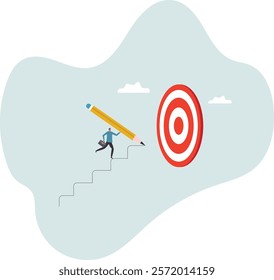 Build stair to reach target, career success or progress to achievement, business goal or future succeed, effort to grow career path.business concept.flat character.