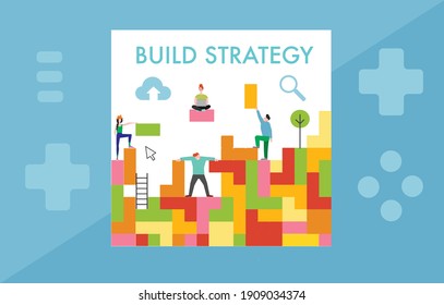 Build a strategy playful colorful bricks and characters