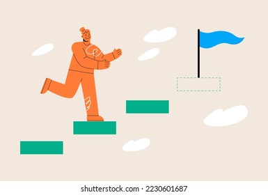 Build success stairs. Woman building staircase to progress ascending. Colorful vector illustration