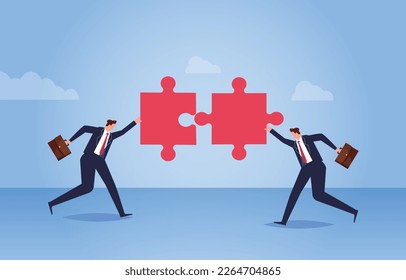 Build a team or find a business team partner, teamwork to solve problems and troubles, two businessmen holding a puzzle and trying to complete the puzzle