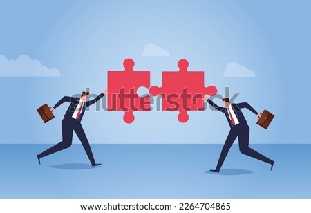Build a team or find a business team partner, teamwork to solve problems and troubles, two businessmen holding a puzzle and trying to complete the puzzle