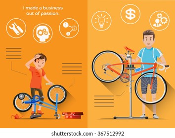 The build their own business from childhood in flat graphic style. People who are passionate bike to build bicycle shop.