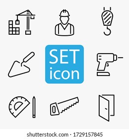 Build and Tool icons. Thin line Icons Set consisting of Crane, Worker, Male, Trowel, Build, Wrench, Screwdriver, Tool, Drill, Screwdriver, Ruler, Saw, Door. Build set icons. Editable stroke Tool icon