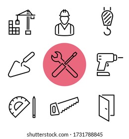 Iconos de compilación y herramienta. Juego de iconos de línea delgada que consta de grúa, trabajador, macho, trowel, construcción, llave, destornillador, herramienta, taladro, destornillador, regla, sierra, puerta. Iconos de conjunto de generación. Icono de herramienta de trazo editable