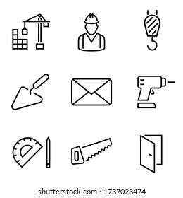 Build and Tool icons. Thin line Icons Set consisting of Crane, Worker, Male, Trowel, Build, Wrench, Screwdriver, Tool, Drill, Screwdriver, Ruler, Saw, Door. Build set icons. Editable stroke Tool icon