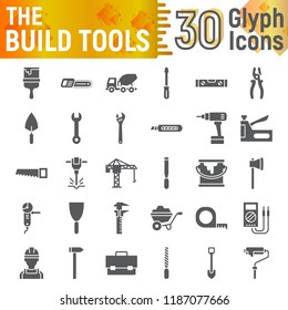Build tools glyph icon set, construction symbols collection, vector sketches, logo illustrations, equipment signs solid pictograms package isolated on white background, eps 10.