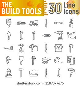 Build tools line icon set, construction symbols collection, vector sketches, logo illustrations, equipment signs linear pictograms package isolated on white background, eps 10.