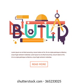 Build. Typographic poster. Flat design vector illustration isolated on white background. 
