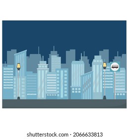 Build urban city scene background. Modern city skyline with two garden lights and one sign. Vector illustration