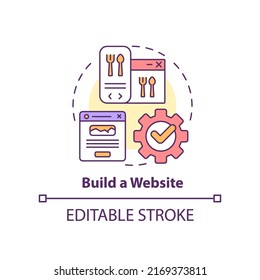 Build Website Concept Icon. Advertise Restaurant Abstract Idea Thin Line Illustration. Digital Restaurant Brand Promotion. Isolated Outline Drawing. Editable Stroke. Arial, Myriad Pro-Bold Fonts Used