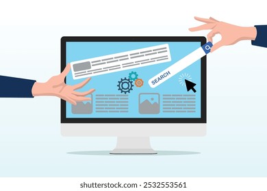 Build website with template customization, SEO optimization for search result, develop app or wireframe, customizable software development concept, hands help building website on computer screen