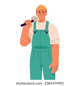 Build worker, miner with work tool, hammer standing. Builder, engineer, contractor in helmet, uniform portrait. Repair service, construction industry. Flat isolated vector illustration on white