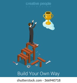 Build you own way to success flat 3d isometry isometric business concept web vector illustration. Businessman building stairs to the cup trophy in clouds. Creative people collection.