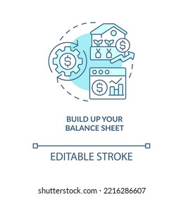 Build Up Your Balance Sheet Turquoise Concept Icon. Farm Business Strategy Abstract Idea Thin Line Illustration. Isolated Outline Drawing. Editable Stroke. Arial, Myriad Pro-Bold Fonts Used