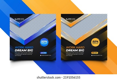 Build Your Body Fitness Social Media Post And Web Banner Layout Template Set Design With Creative Yellow And Blue Shapes