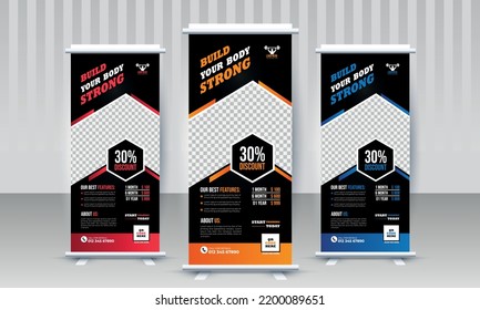 Build your body strong Fitness gym business standee rollup banner design with three color variant red orange blue vector template