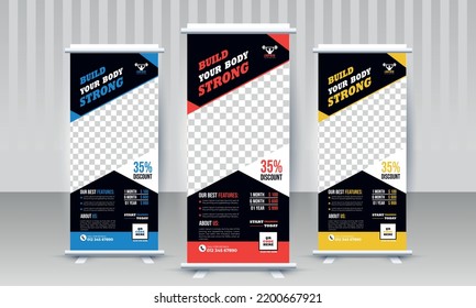 Build your body strong Fitness gym business standee rollup banner design with three color variant red yellow blue vector template