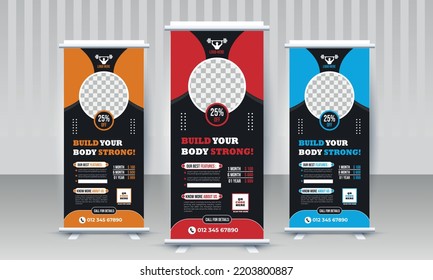 Build your body strong Fitness gym business standee x rollup banner design with three color variants orange red blue modern vector template