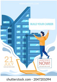 Build your career training poster announcement, business concept with text and man standing against background of large city buildings in south korean town with prospect of good employment