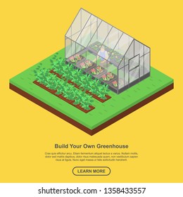 Build your greenhouse banner. Isometric illustration of build your greenhouse vector banner for web design