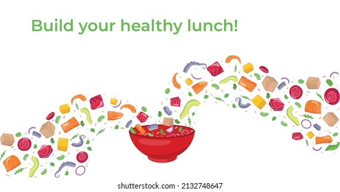 Build your healthy lunch - flying poke bowl ingredients with text. Natural food diet concept. Vector stock illustration for banner, menu fast food restaurant, isolated on white background. EPS10