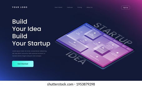 Build Your Idea Build Your Startup Landing Page with gradient background and 3d isometric vector business model canvas illustration glass effect svg