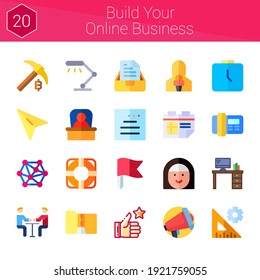 build your online business icon set. 20 flat icons on theme build your online business. collection of 3d modeling, cursor, calendar, megaphone, settings, website, flag