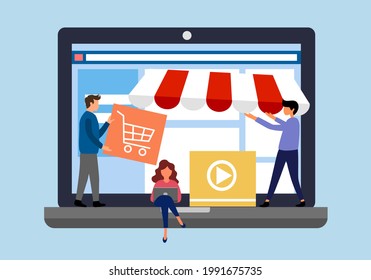 Build your online shopping store concept vector illustration.  People working on web design for laptop computer screen in flat design.